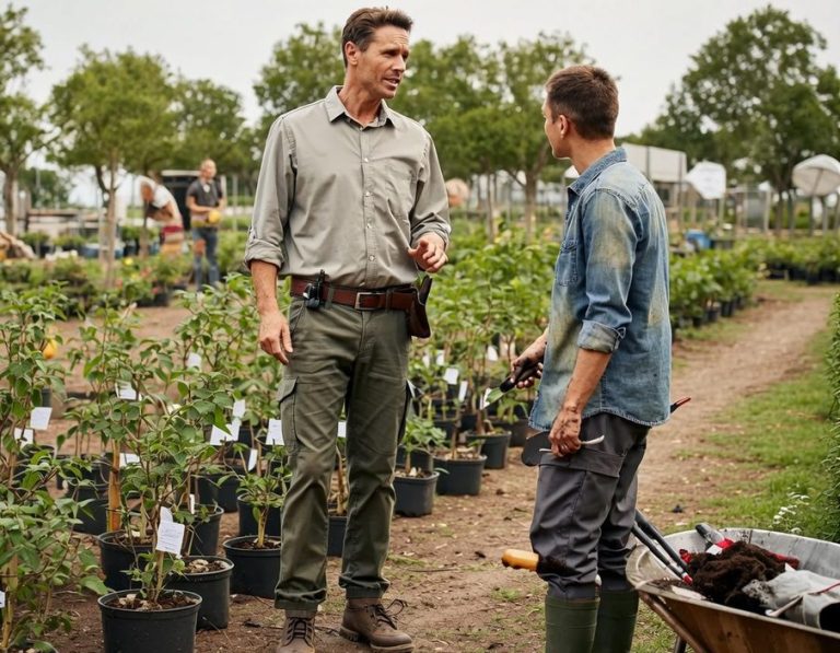 Betriebsleiter Zwei Männer stehen auf einem Feld zwischen Pflanzen und besprechen etwas.
