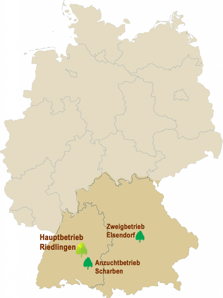 Karte Betriebe Karte von Baden-Württemberg und Bayern zeigt die Betriebsstandorte der Firma Schlegel, in Riedlingen, Elsendorf und Scharben